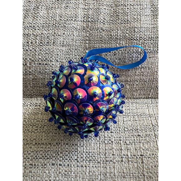 Vintage Push Pin Beaded Blue Jeweled Sequin Christmas Ornament Handmade - Picture 2 of 5